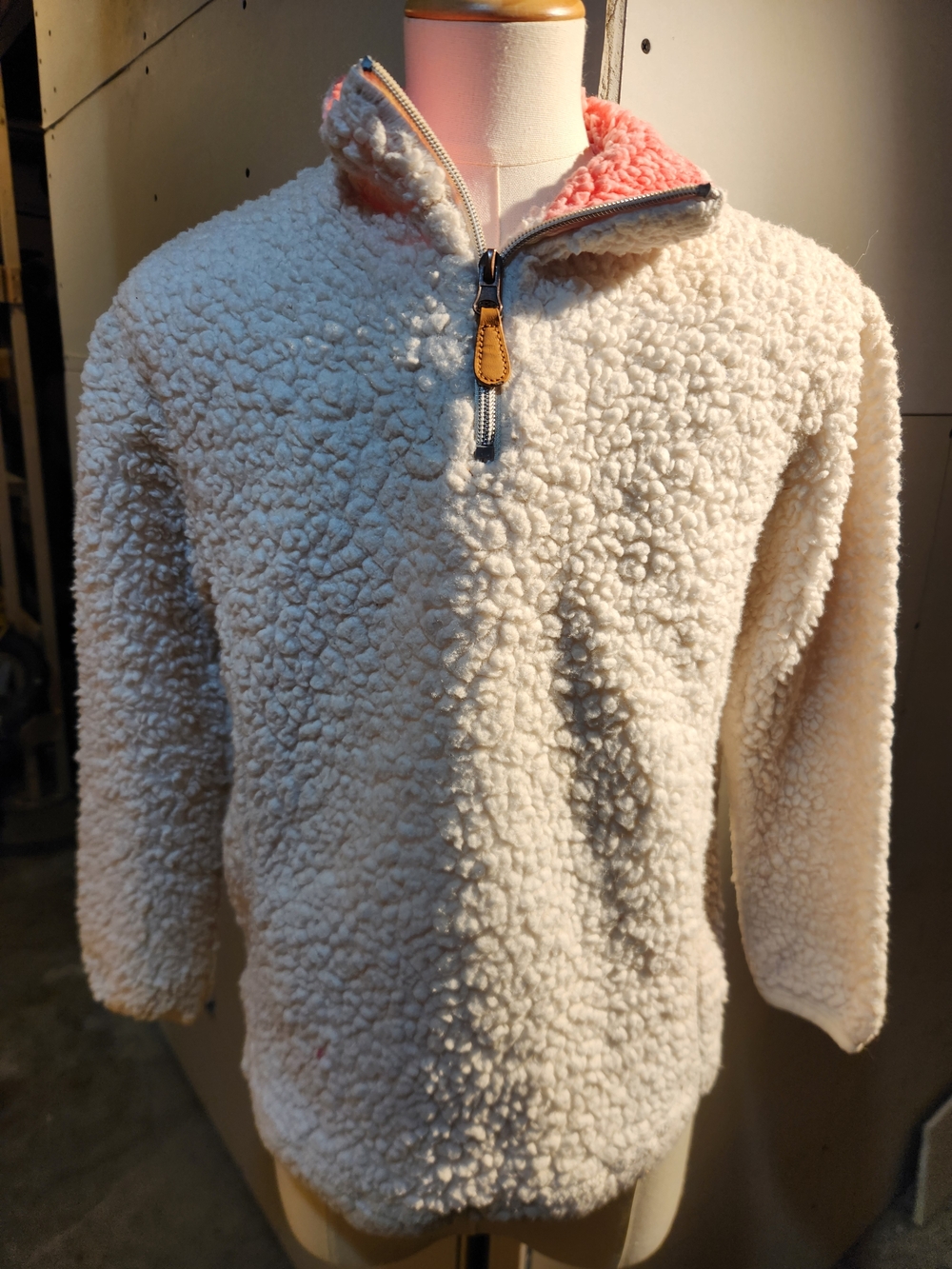 Kids Cream Sherpa Half-Zip Hoodie with Pink Lining